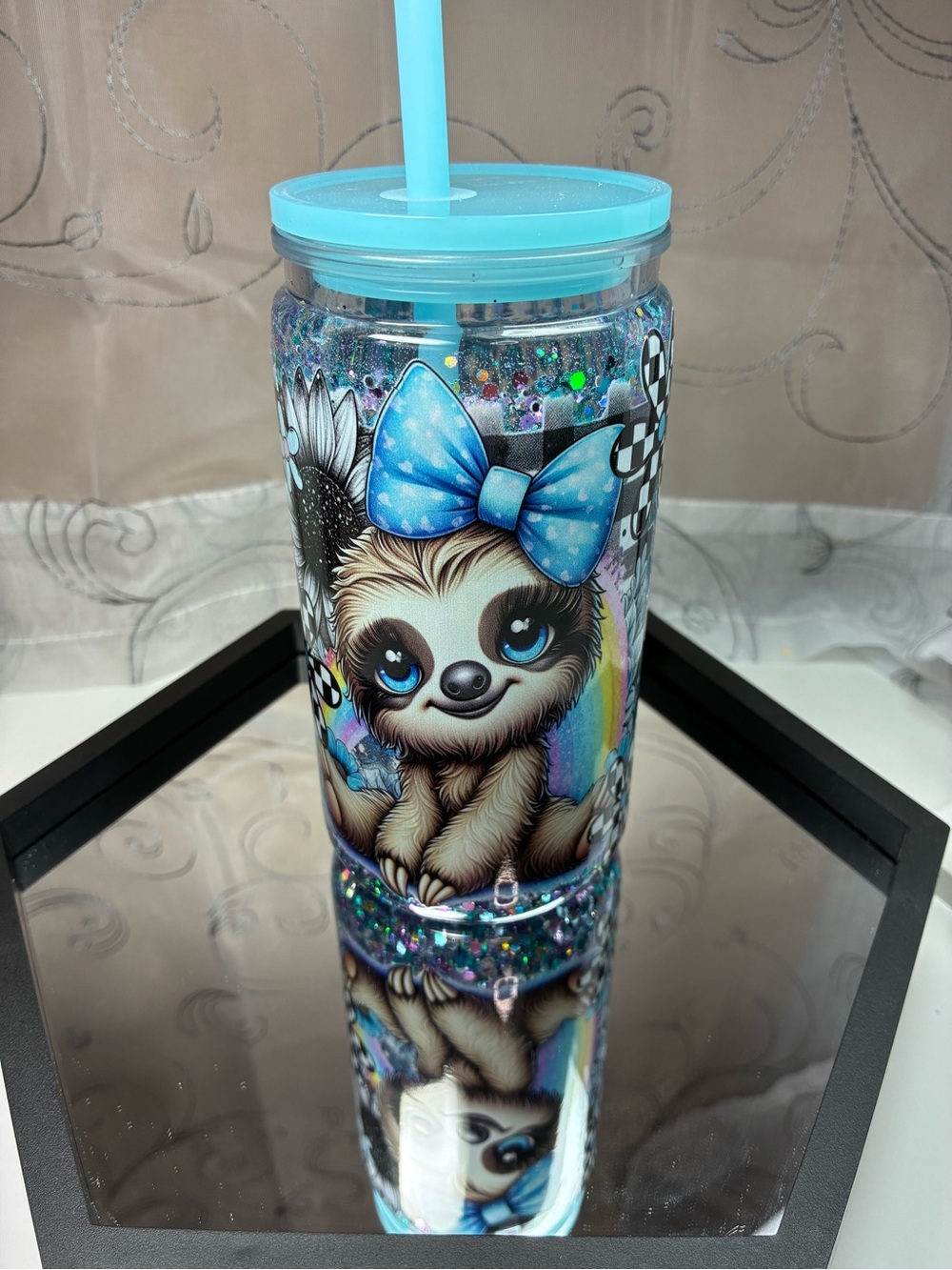 Blue Bow Sloth Glitter Tumbler
